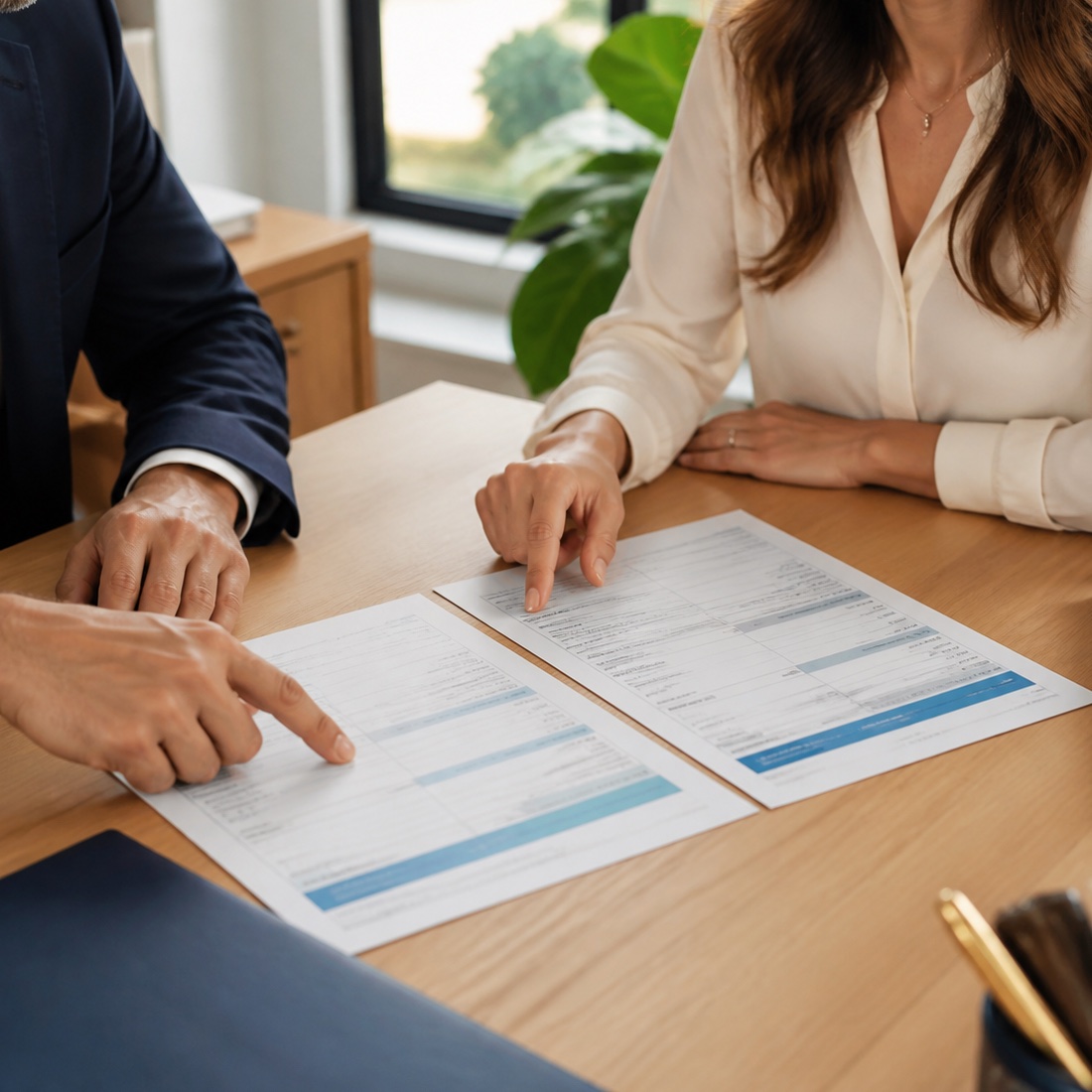 Consultor e cliente comparando propostas de seguro em uma mesa iluminada