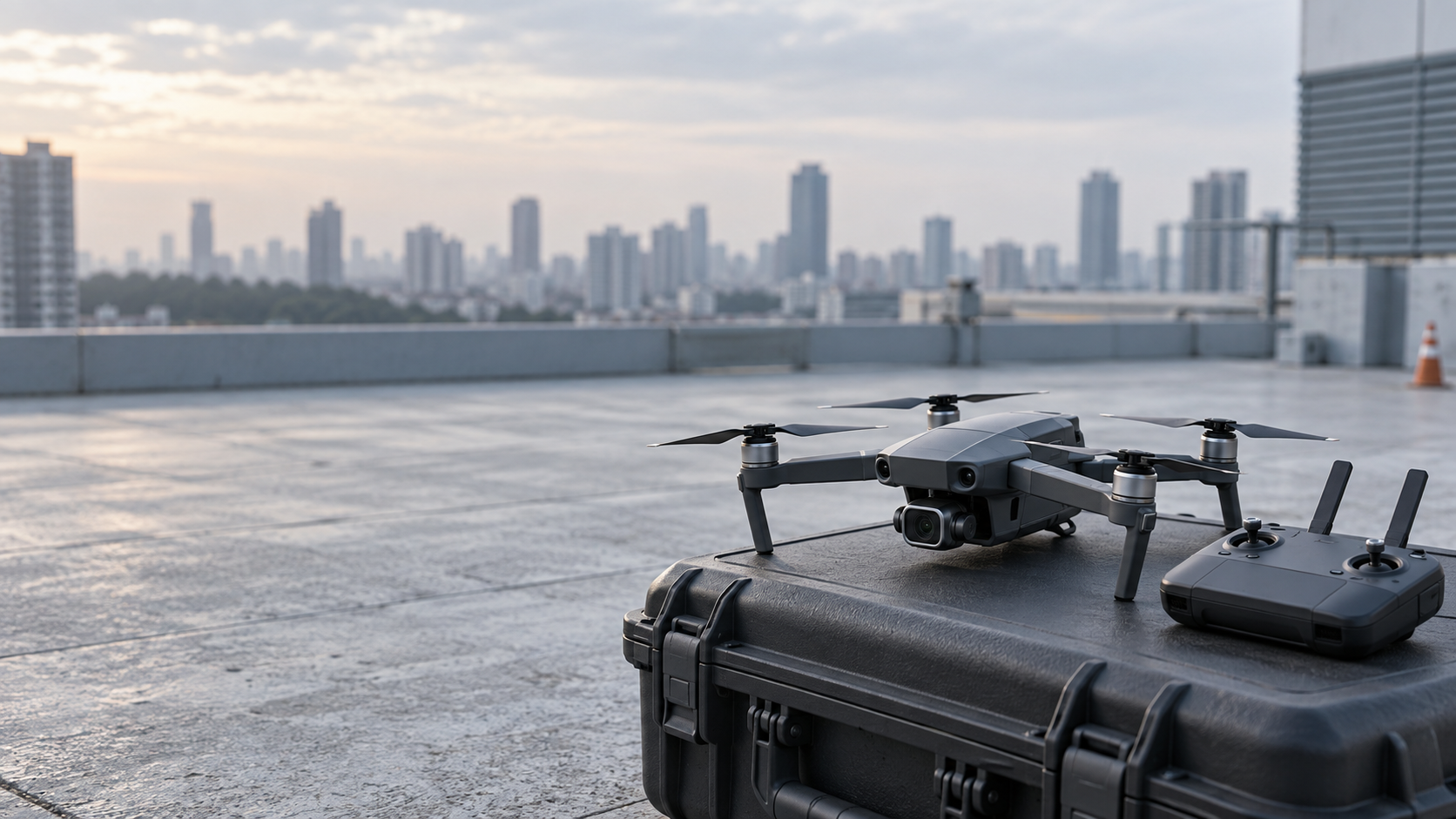 Drone profissional sem marca, sobre maleta rígida ao lado de controle remoto em cobertura urbana vazia, antes de um voo.